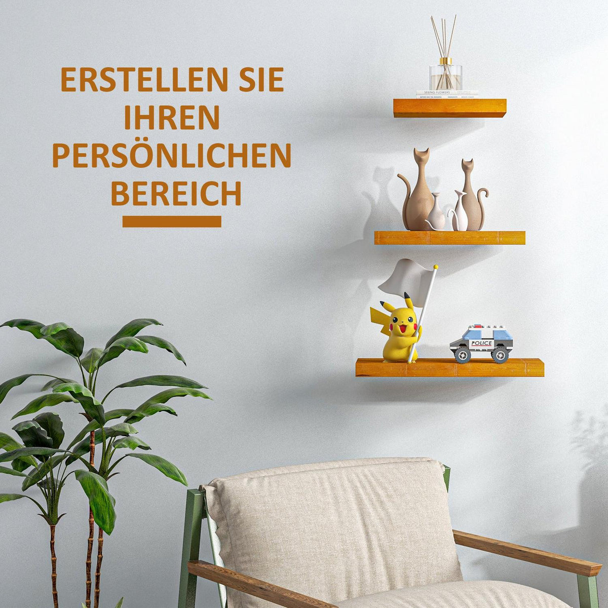 Wall Shelves Set Of 3 Floating Shelves Made Of Solid Wood, Shelf, Brown, For Kitchen, Living Room & Bathroom