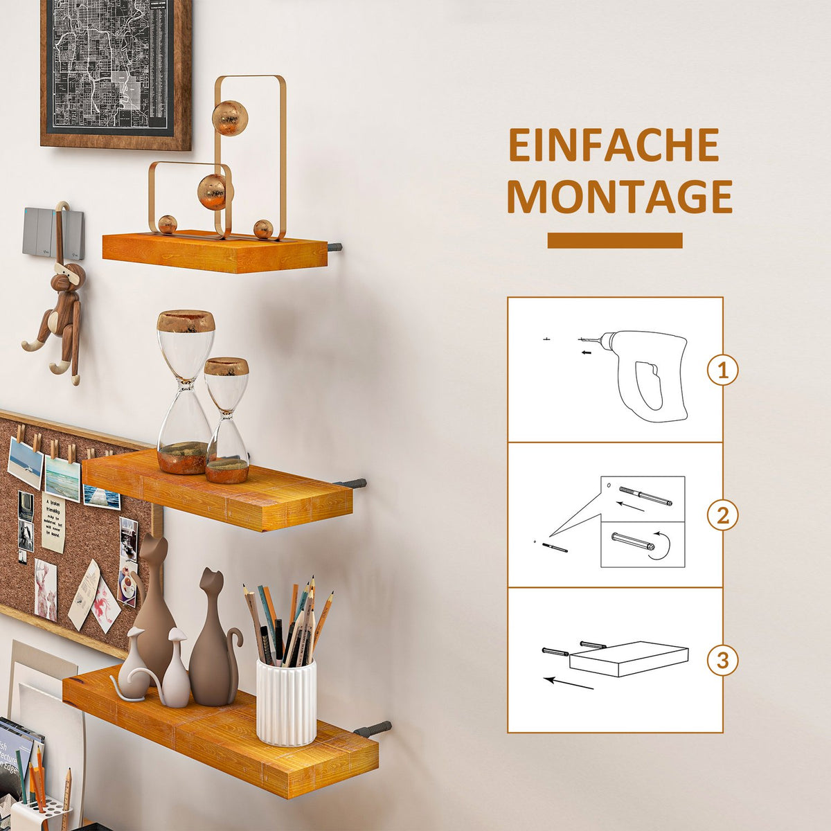 Wall Shelves Set Of 3 Floating Shelves Made Of Solid Wood, Shelf, Brown, For Kitchen, Living Room & Bathroom
