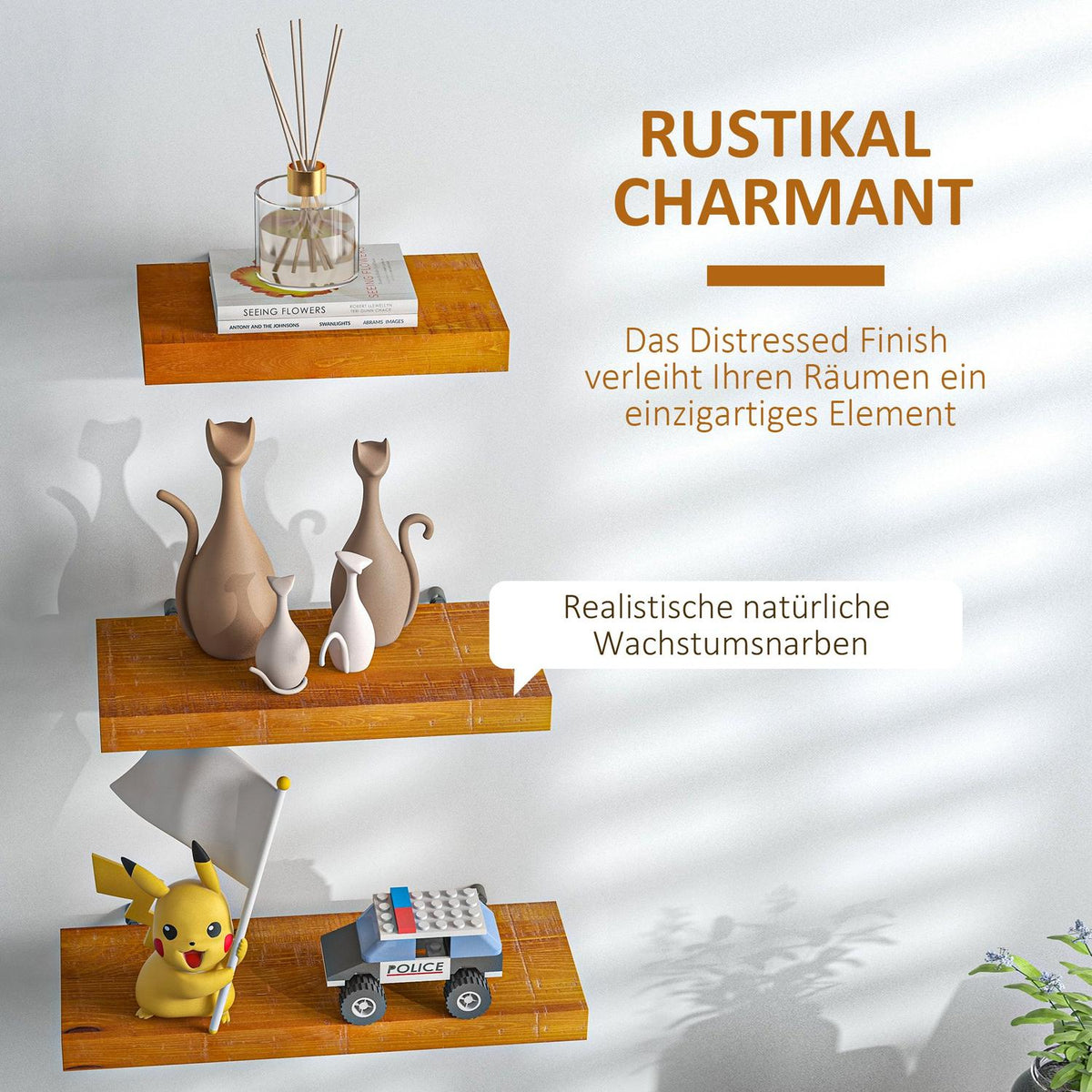 Wall Shelves Set Of 3 Floating Shelves Made Of Solid Wood, Shelf, Brown, For Kitchen, Living Room & Bathroom