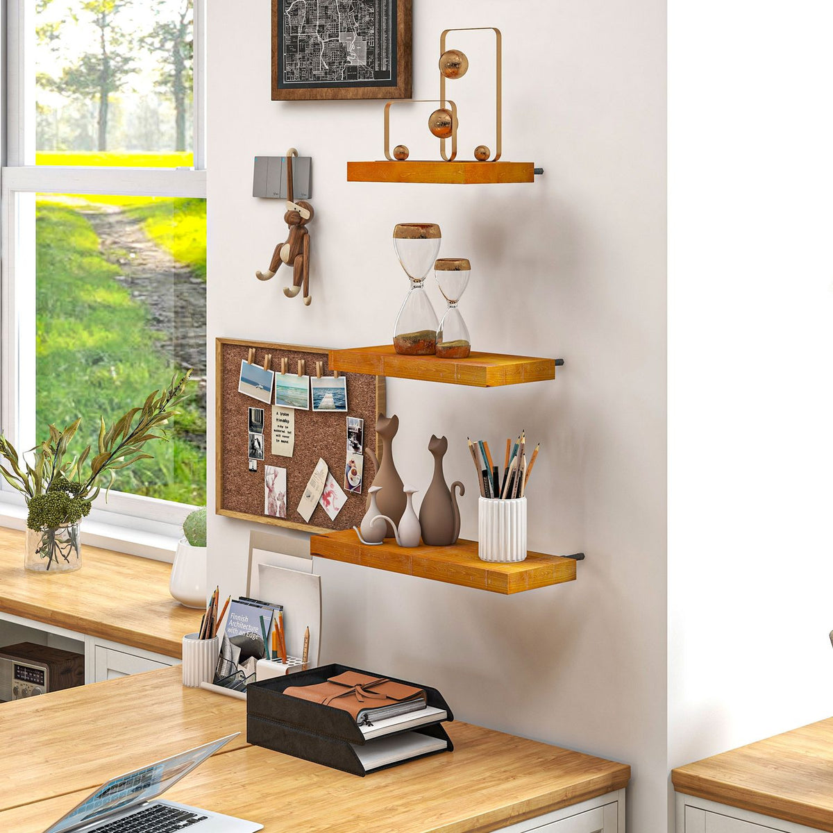Wall Shelves Set Of 3 Floating Shelves Made Of Solid Wood, Shelf, Brown, For Kitchen, Living Room & Bathroom