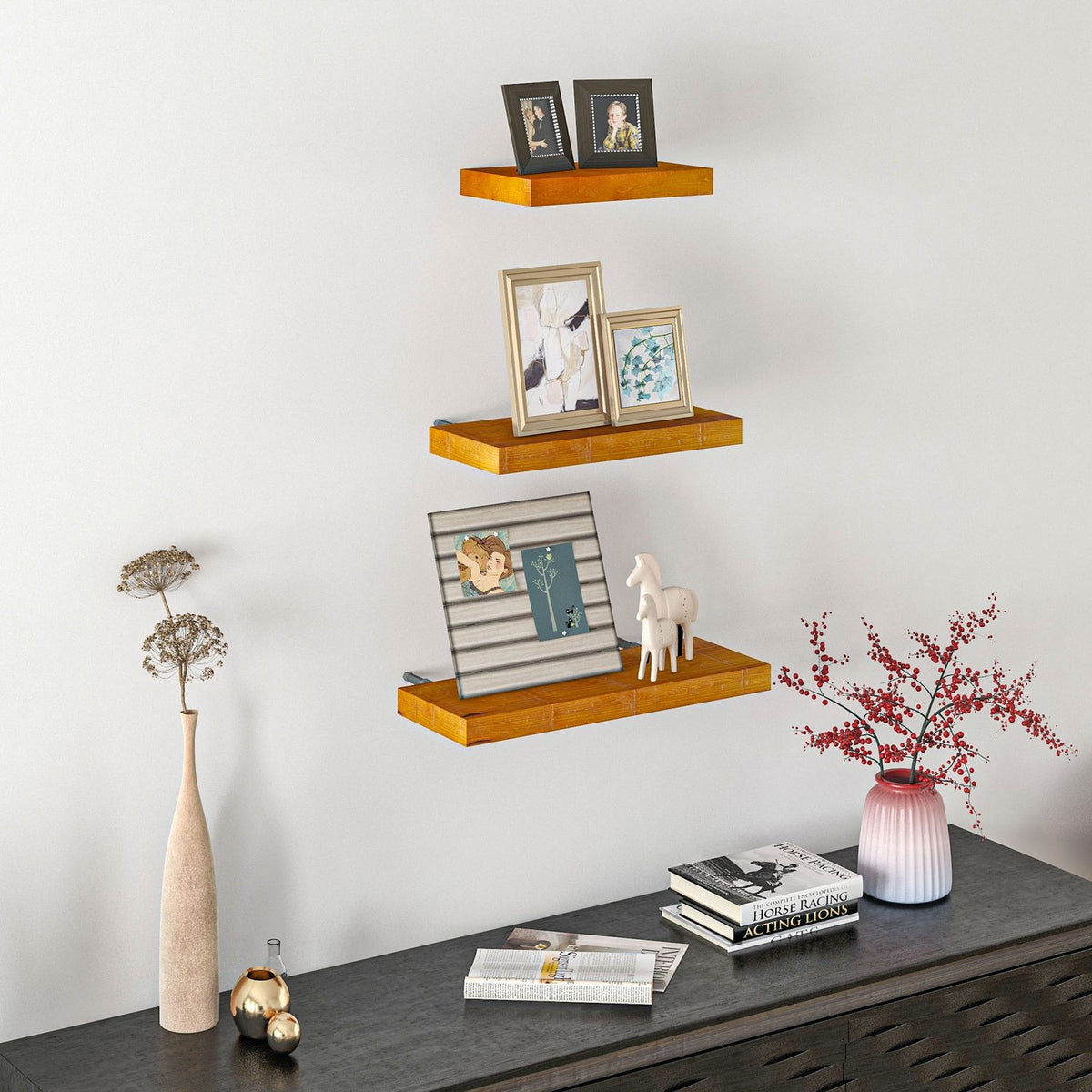 Wall Shelves Set Of 3 Floating Shelves Made Of Solid Wood, Shelf, Brown, For Kitchen, Living Room & Bathroom