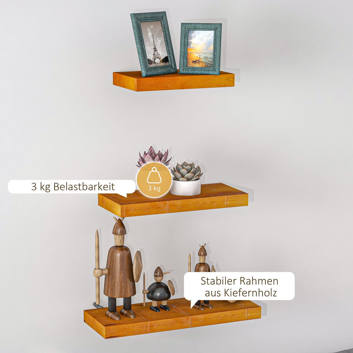 Wall Shelves Set Of 3 Floating Shelves Made Of Solid Wood, Shelf, Brown, For Kitchen, Living Room & Bathroom