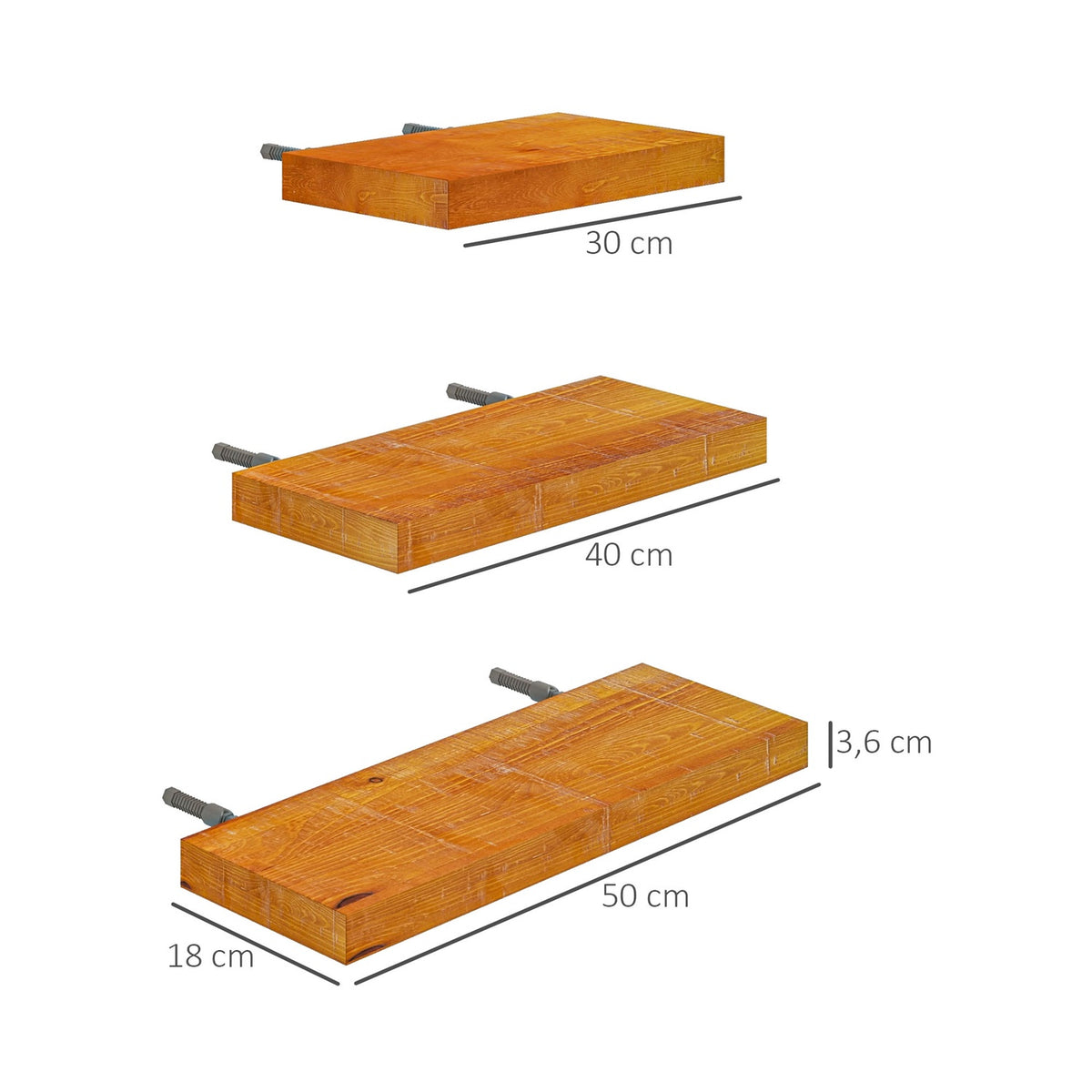 Wall Shelves Set Of 3 Floating Shelves Made Of Solid Wood, Shelf, Brown, For Kitchen, Living Room & Bathroom
