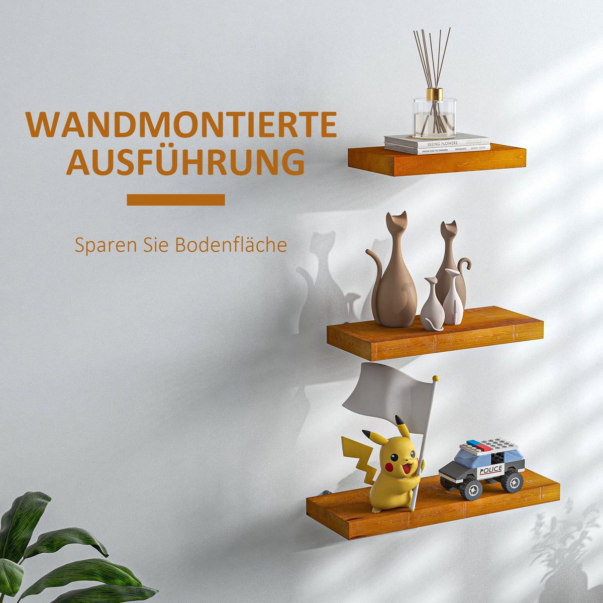 Wall Shelves Set Of 3 Floating Shelves Made Of Solid Wood, Shelf, Brown, For Kitchen, Living Room & Bathroom