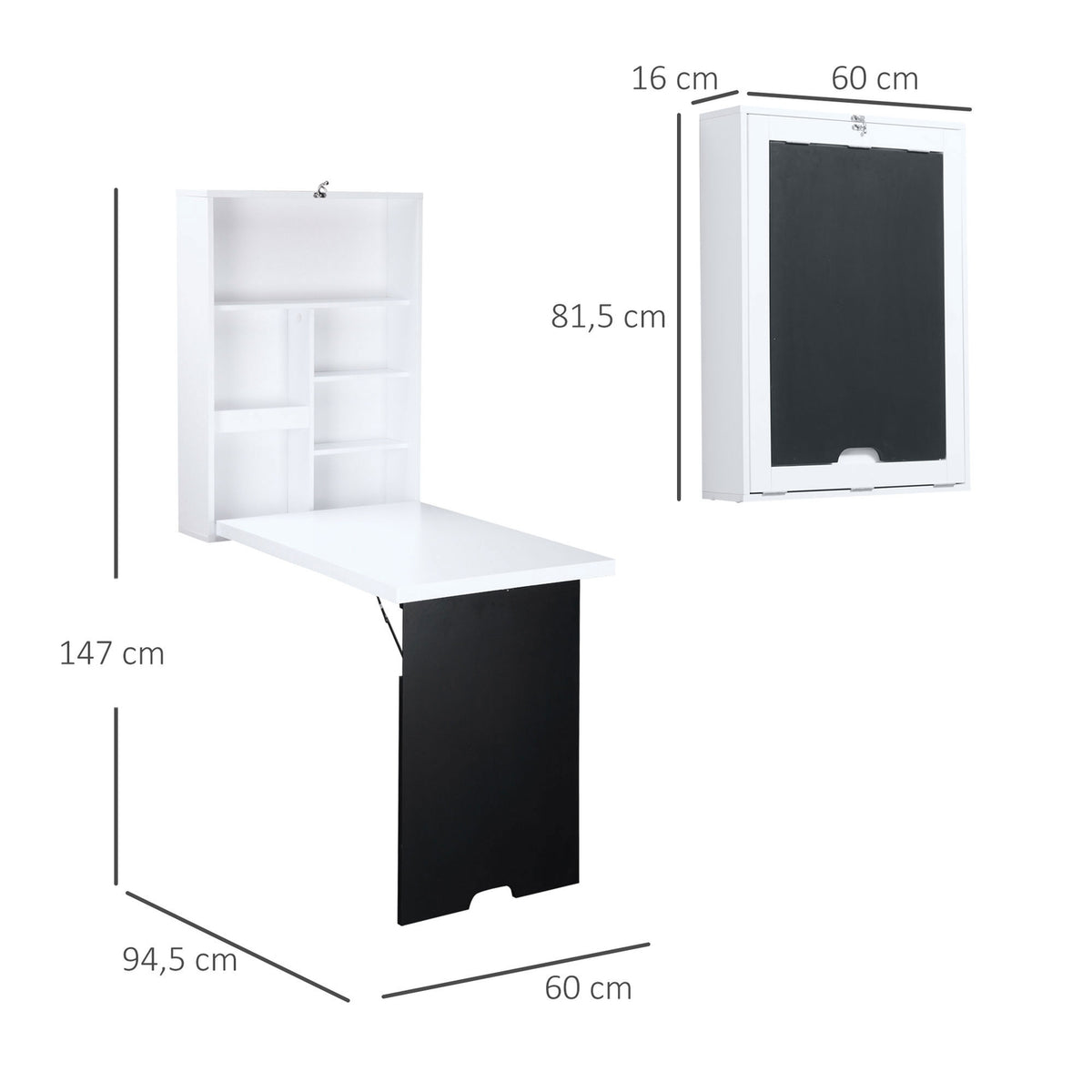 Wall Table Folding Desk 5 Compartments Board White + Black 60X94.5X147Cm