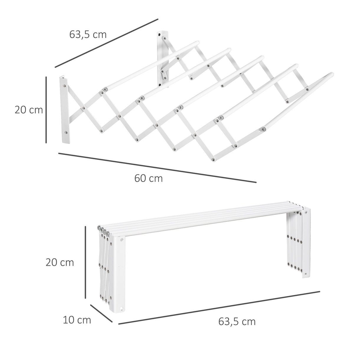 Wall dryer, 57.5cm, clothes rack, space-saving tumble dryer, for indoor and outdoor use, metal, white, 63.5 x 60 x 20 cm