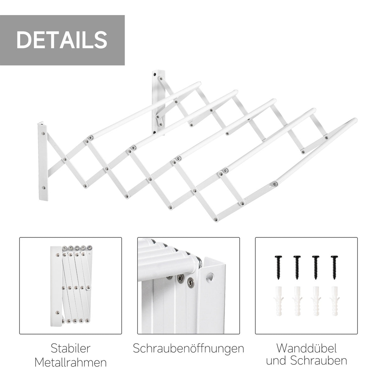 Wall dryer, 57.5cm, clothes rack, space-saving tumble dryer, for indoor and outdoor use, metal, white, 63.5 x 60 x 20 cm