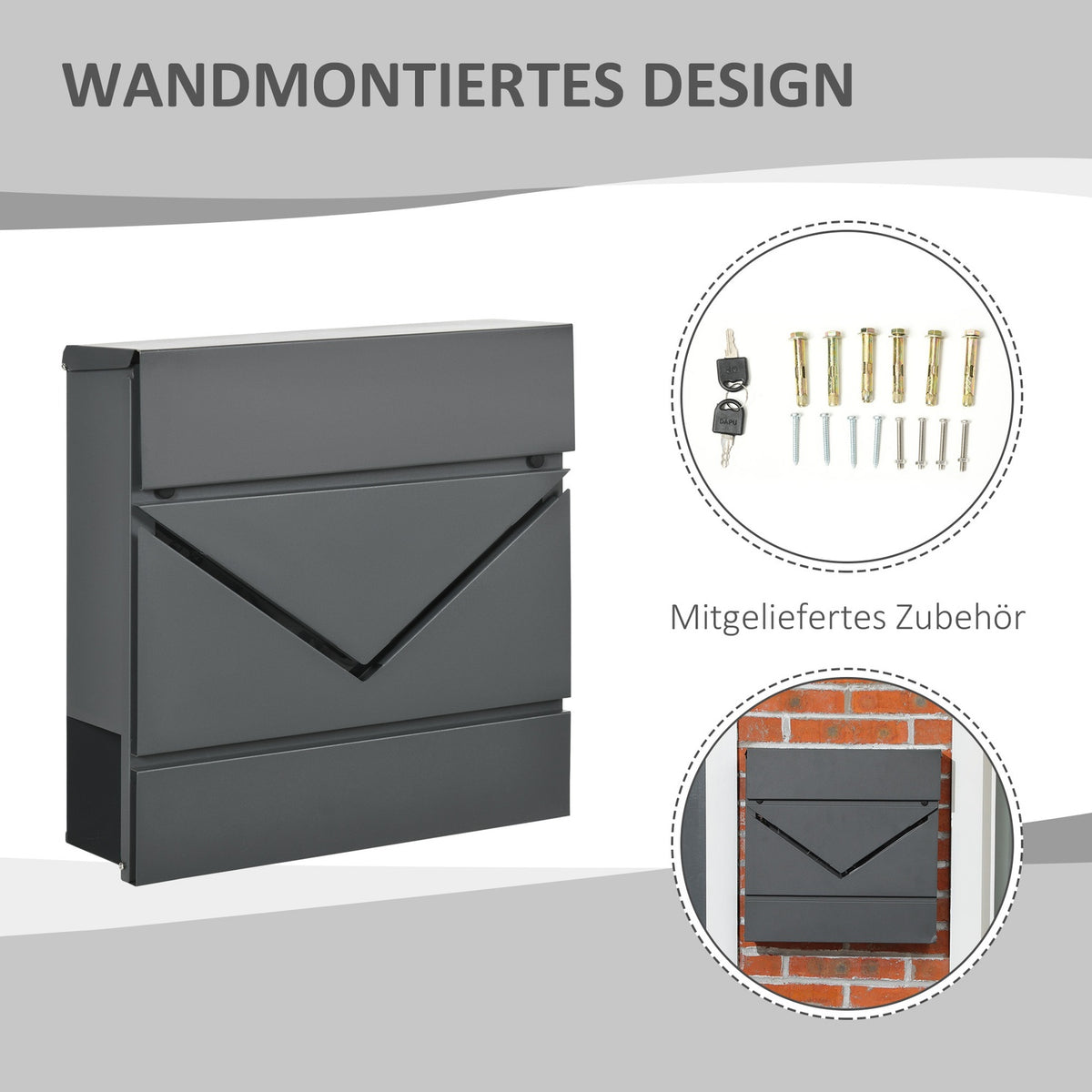 Wall mailbox with lock, lid, mailbox made of galvanized steel, for outdoor use, 37 x 10.5 x 37 cm, dark gray |