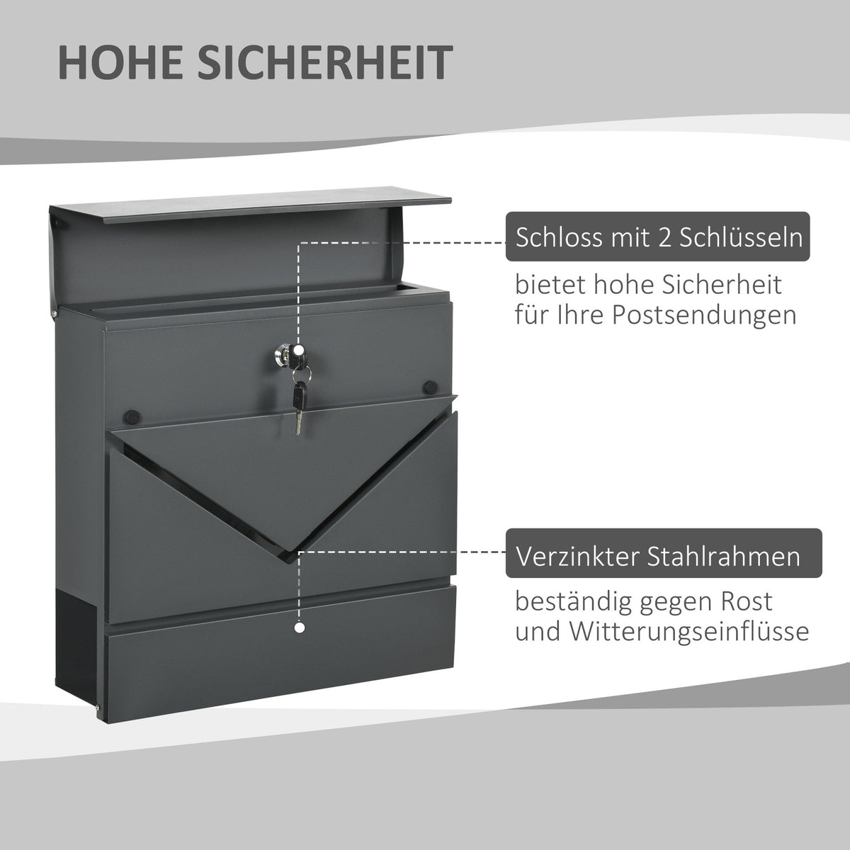 Wall mailbox with lock, lid, mailbox made of galvanized steel, for outdoor use, 37 x 10.5 x 37 cm, dark gray |