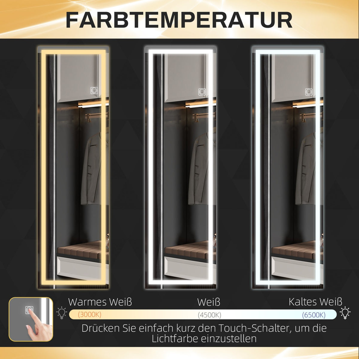 Wall mirror 120 x 40 cm full length mirror with LED lighting, 3 light barbs, rectangular mirror with touch switch, memory function for bedroom, bathroom