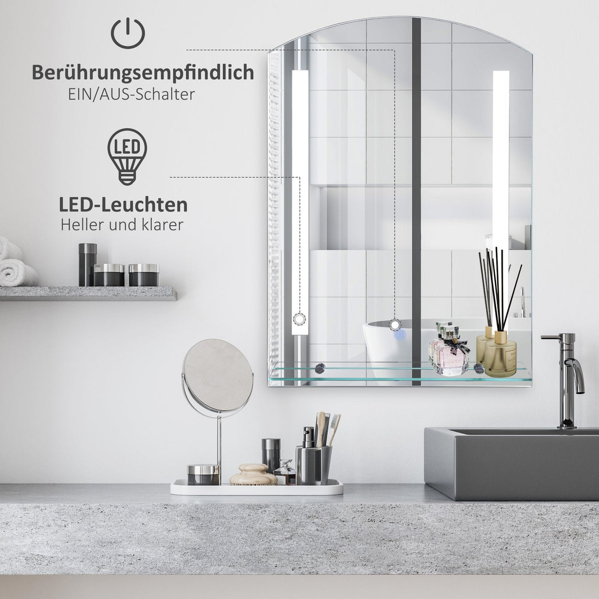 Wall mirror bathroom mirror with shelf, LED 15W, waterproof, 50x15.5x70cm, bathroom mirror