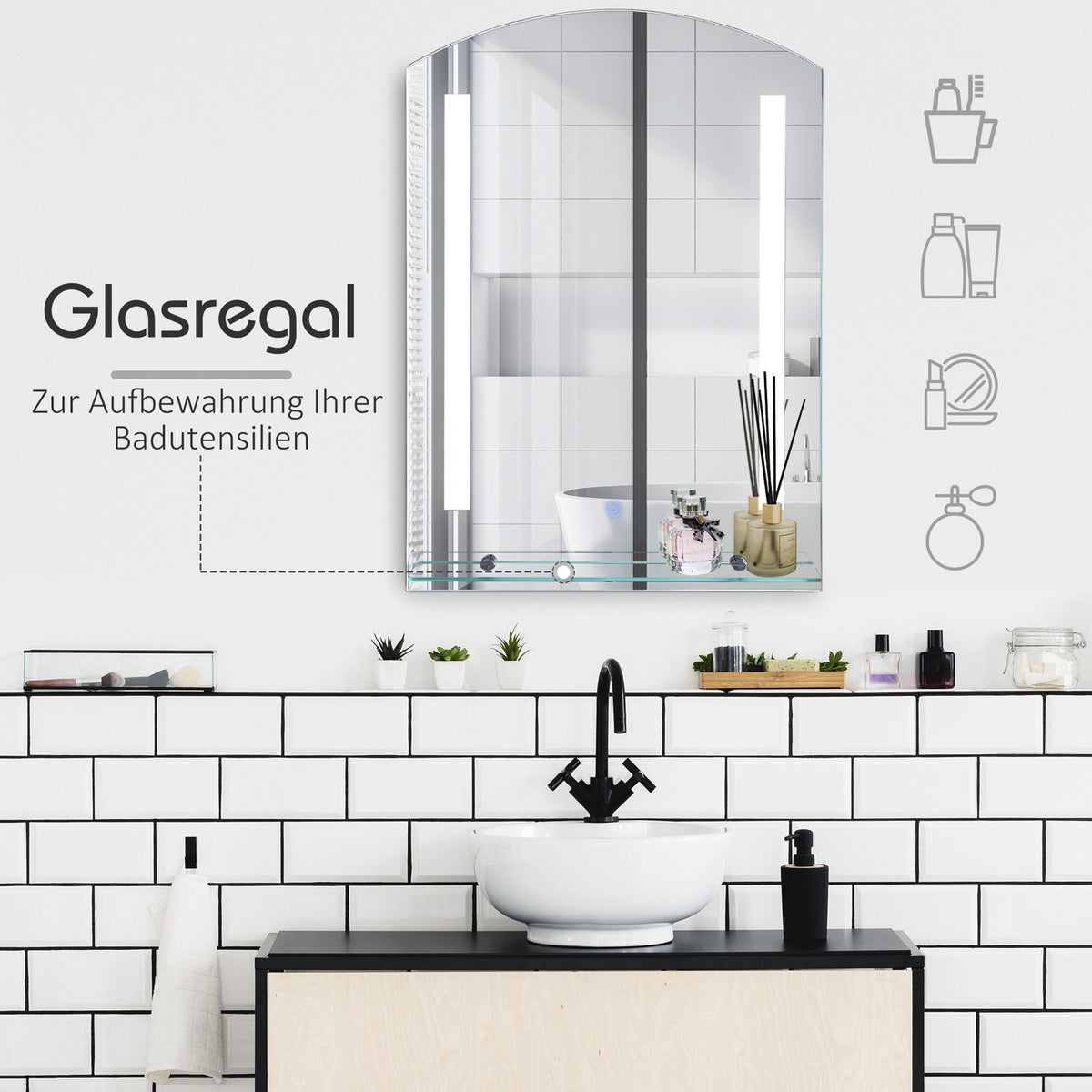 Wall mirror bathroom mirror with shelf, LED 15W, waterproof, 50x15.5x70cm, bathroom mirror
