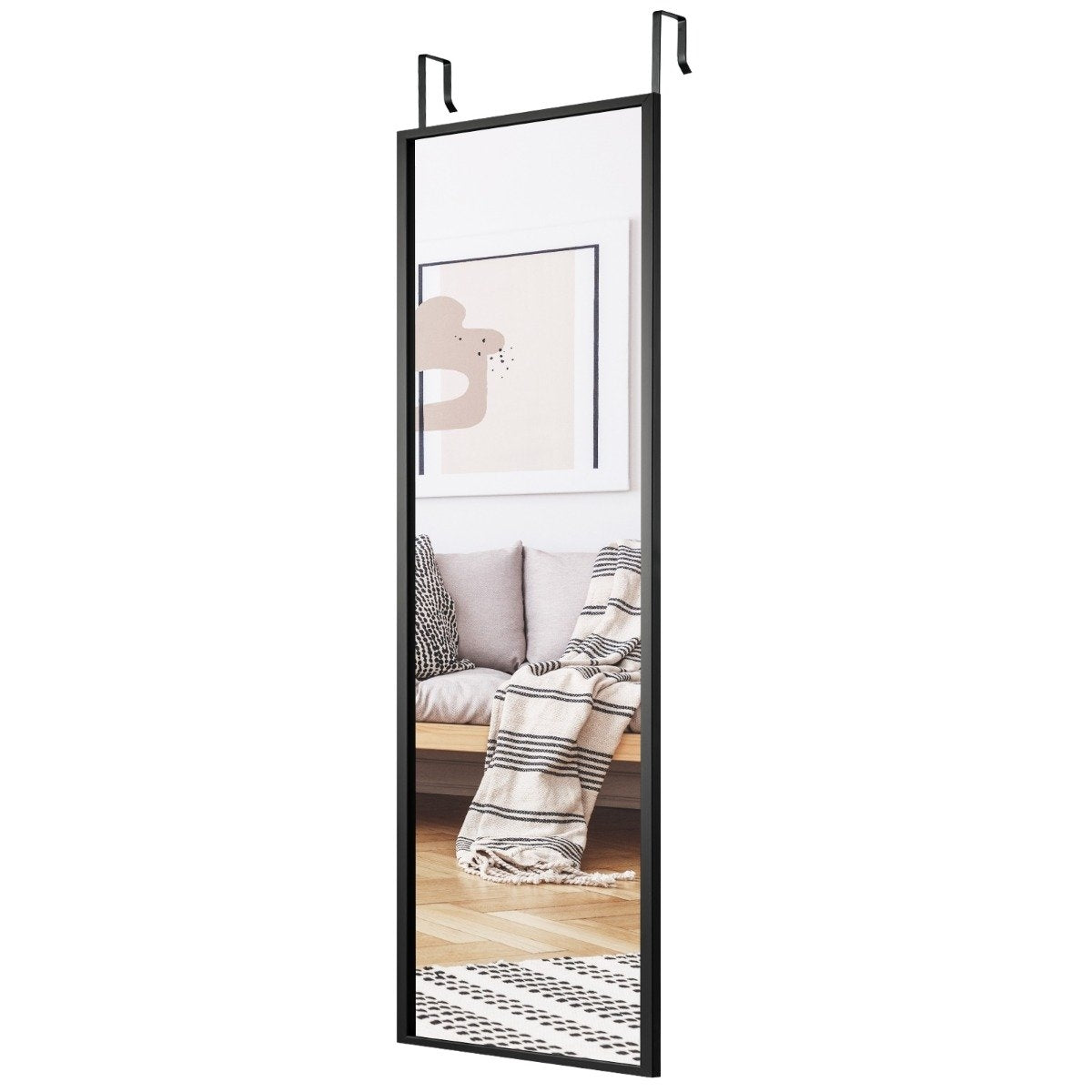 Wall mirror, door mirror, full-length mirror with height-adjustable hanging hooks, black