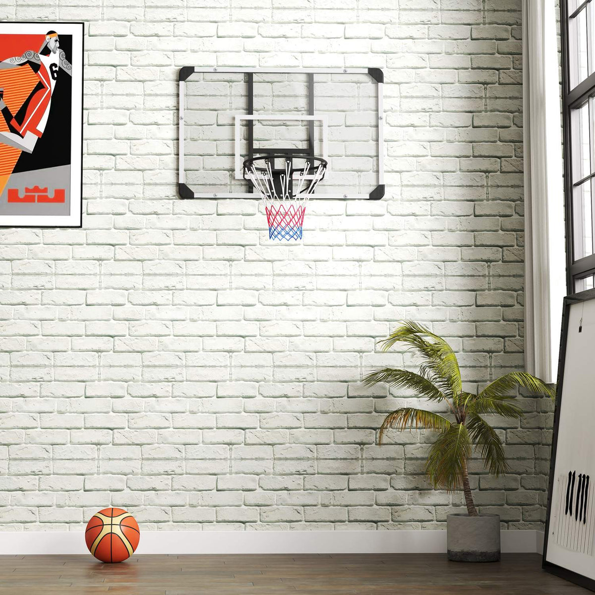 Wall-mounted basketball hoop with basketball board and net 113 x 61 x 73 cm made of steel for outdoor activities in white