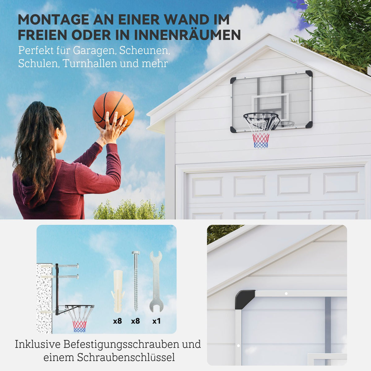 Wall-mounted basketball hoop with basketball board and net 113 x 61 x 73 cm made of steel for outdoor activities in white