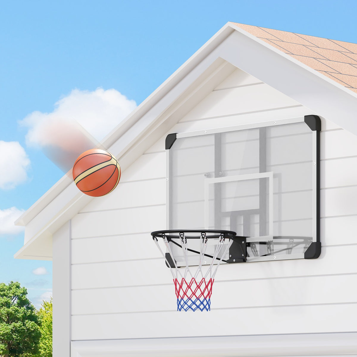 Wall-mounted basketball hoop with basketball board and net 113 x 61 x 73 cm made of steel for outdoor activities in white