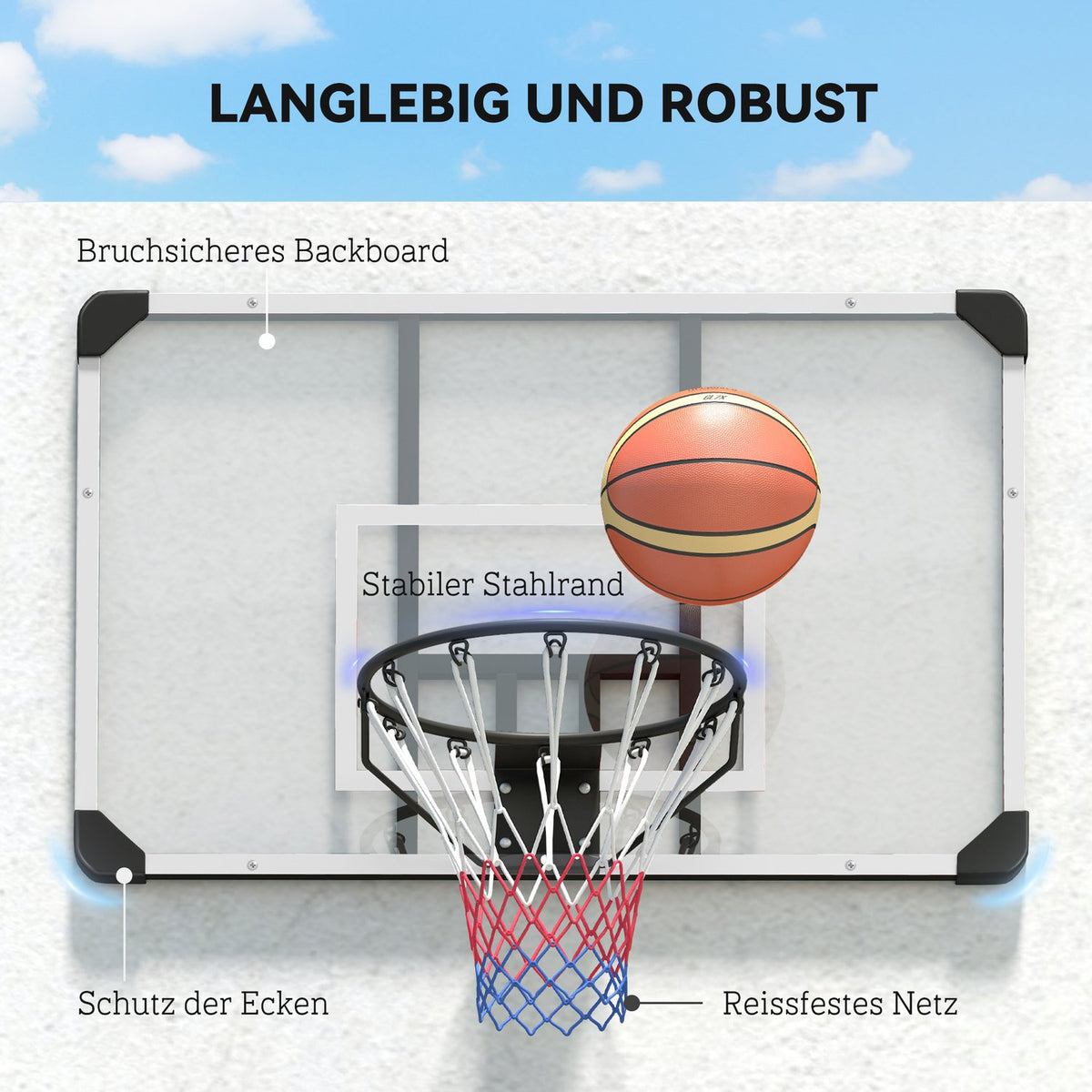 Wall-mounted basketball hoop with basketball board and net 113 x 61 x 73 cm made of steel for outdoor activities in white
