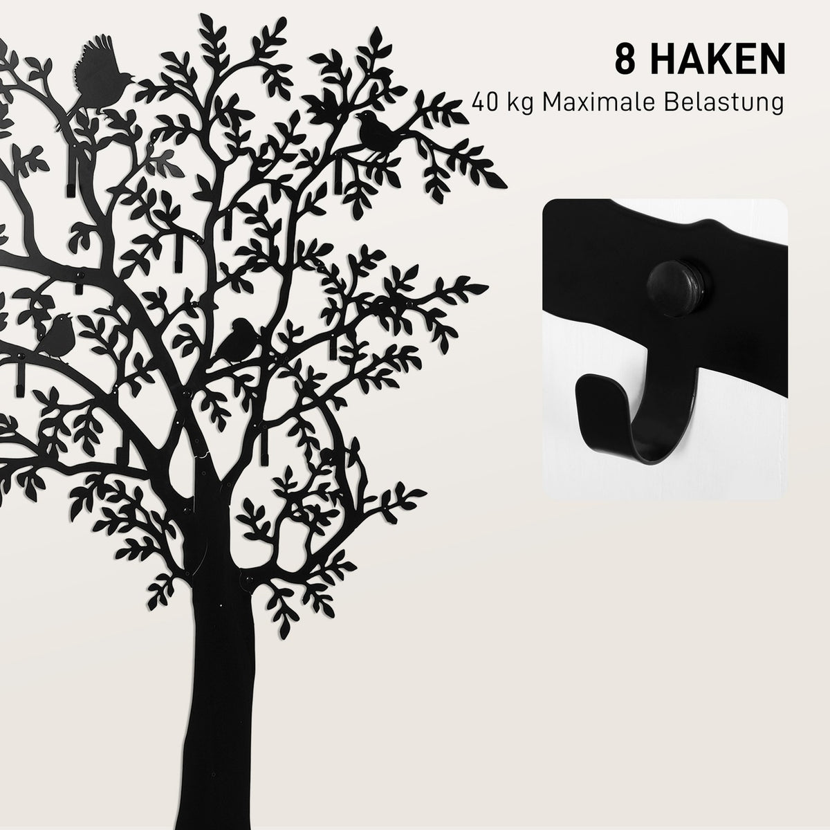 Wall-mounted coat hook, tree design with birds, black