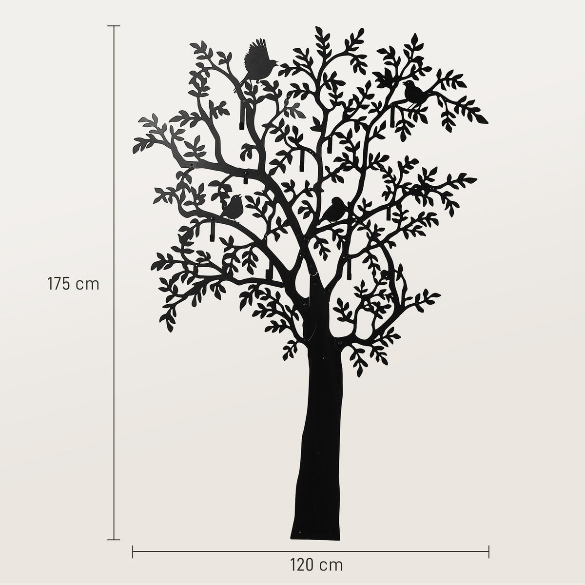Wall-mounted coat hook, tree design with birds, black