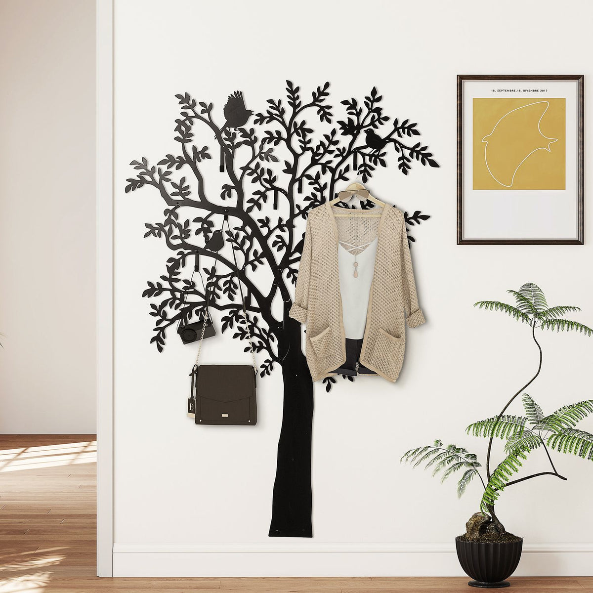 Wall-mounted coat hook, tree design with birds, black