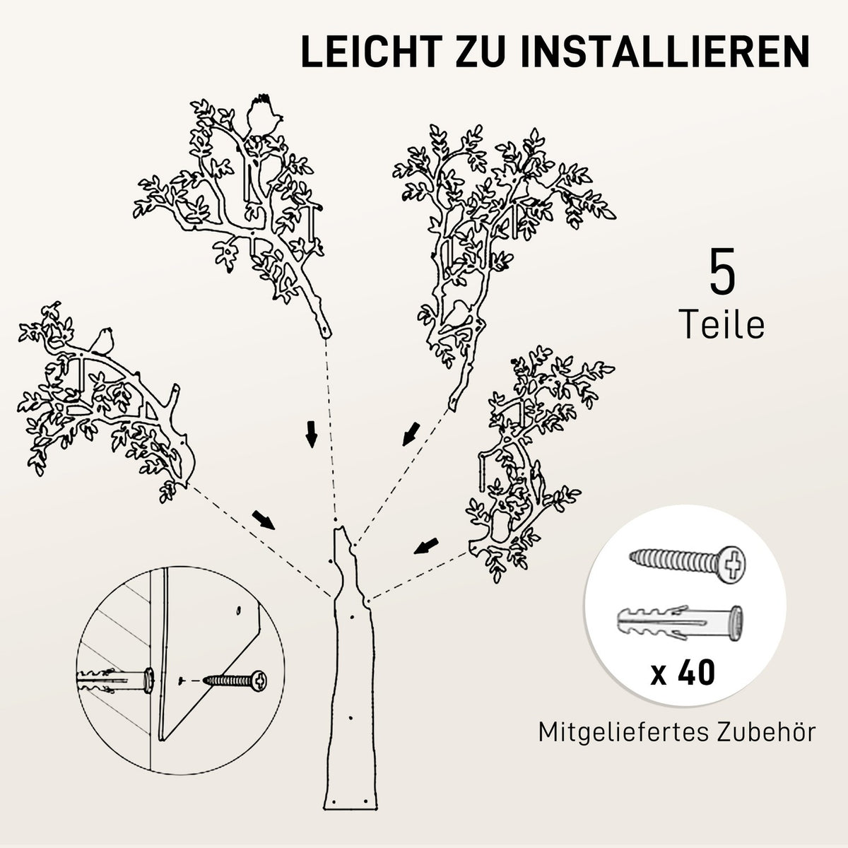 Wall-mounted coat hook, tree design with birds, black