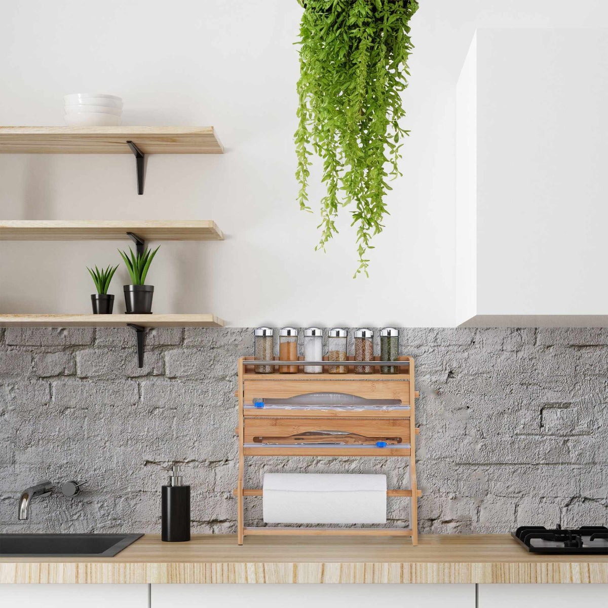 Wall roll holder with spice shelf
