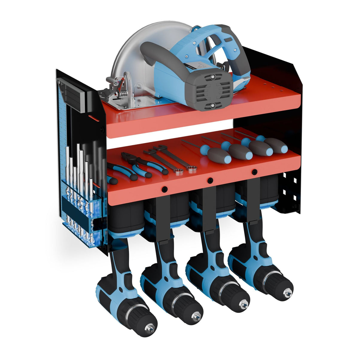 Wall tool storage 4 cordless screwdrivers