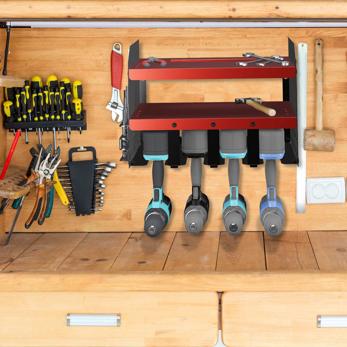 Wall tool storage 4 cordless screwdrivers