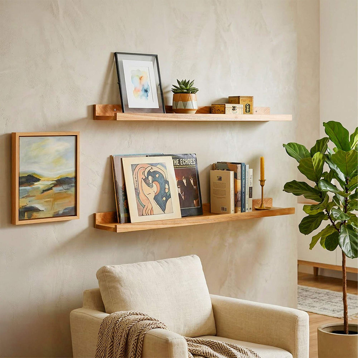 Walnut Wall Shelf Picture Ledge, Raised Front Lip