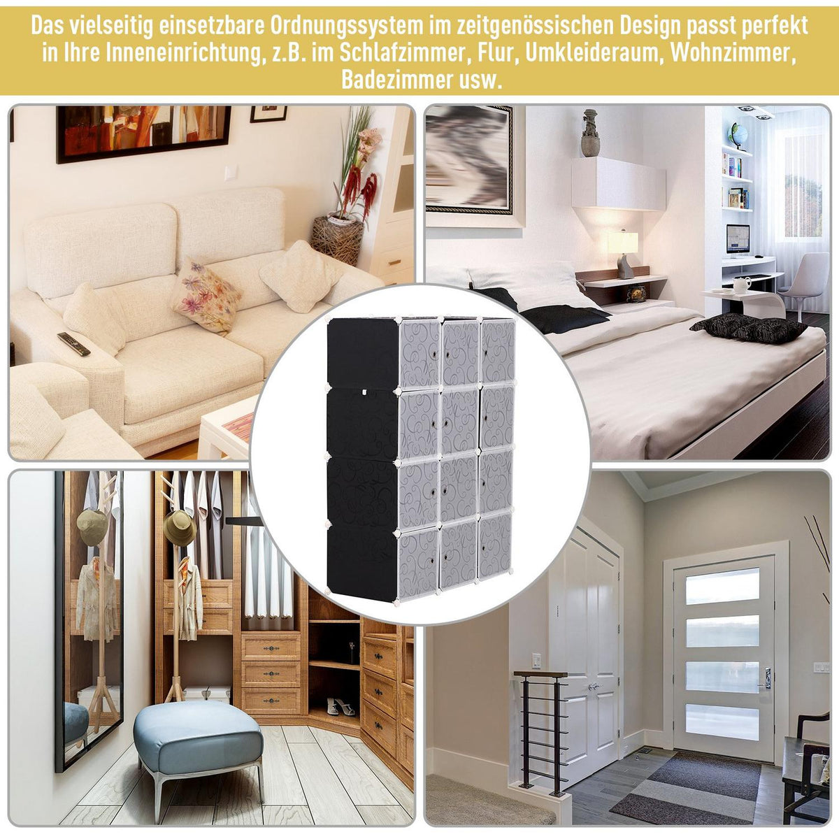 Wardrobe Diy Wardrobe Shelving System Plug-In Shelf, Cube Wardrobe With Clothes Rail, Pp, Black + White