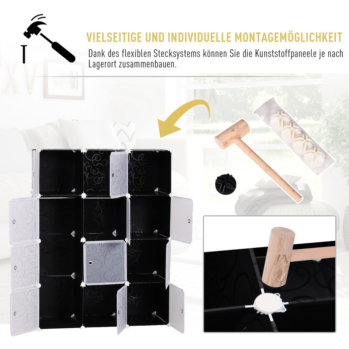 Wardrobe Diy Wardrobe Shelving System Plug-In Shelf, Cube Wardrobe With Clothes Rail, Pp, Black + White