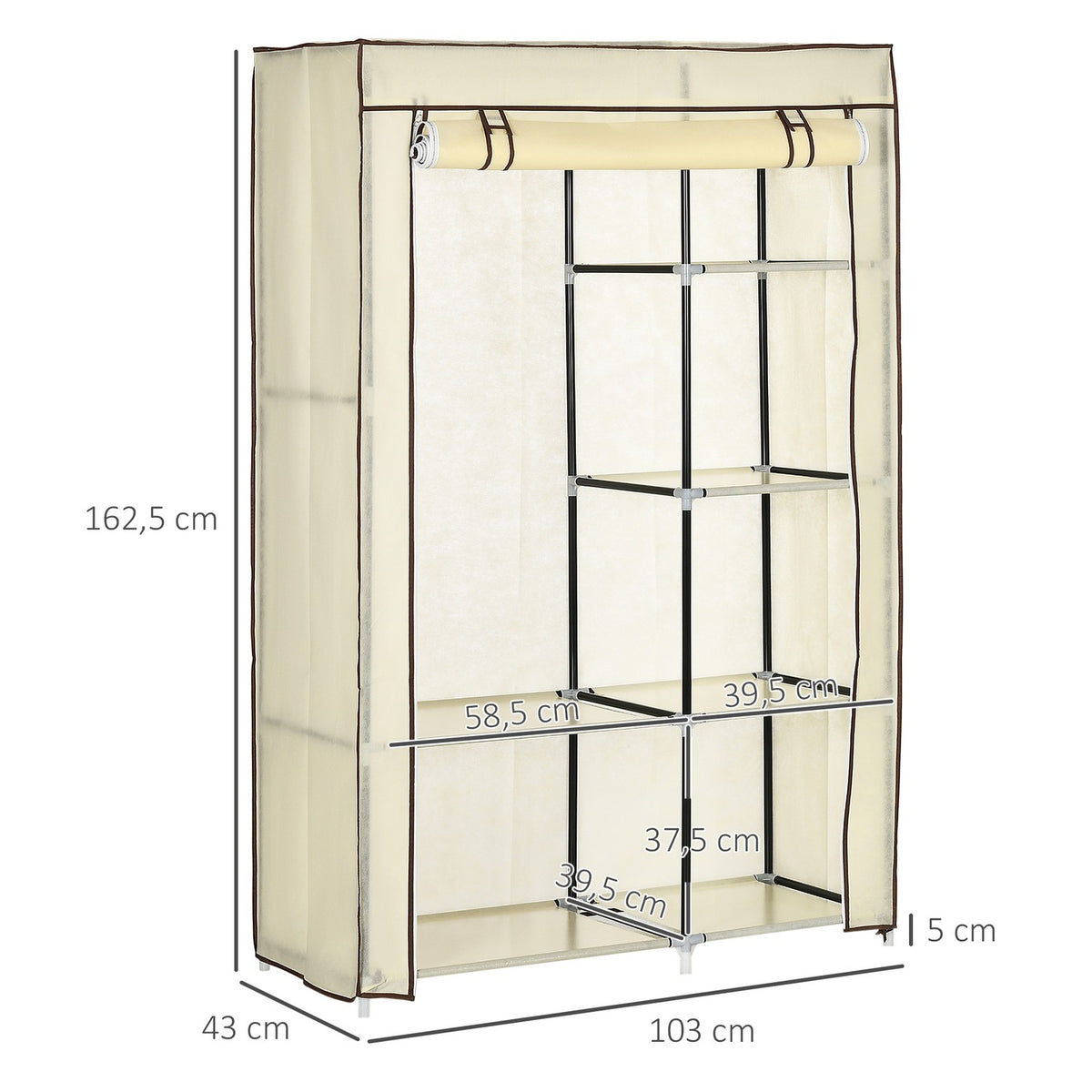 Wardrobe Fabric Cabinet, 2 Clothes Rails, 6 Compartments, Cream, Foldable Wardrobe For Bedroom & Hallway