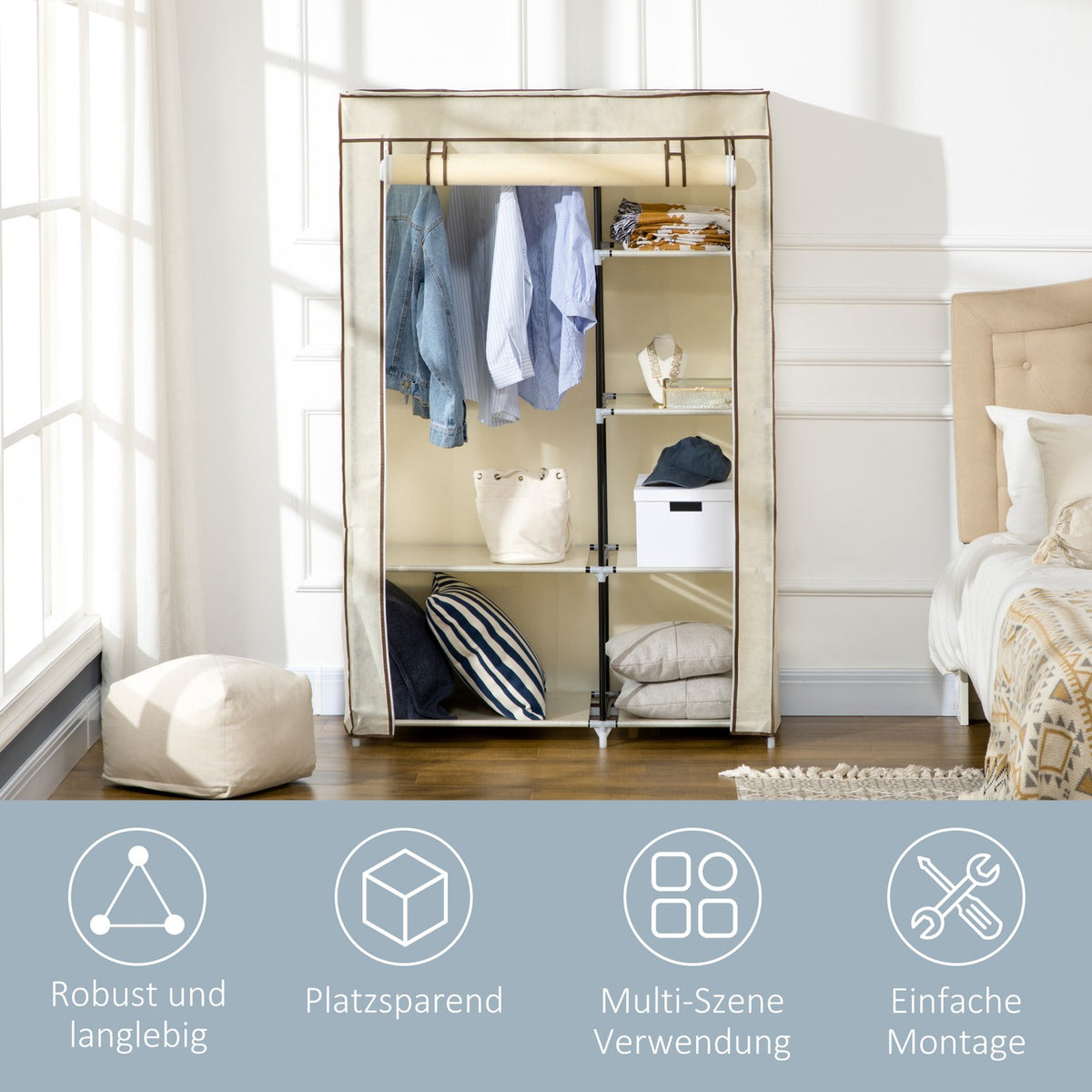 Wardrobe Fabric Cabinet, 2 Clothes Rails, 6 Compartments, Cream, Foldable Wardrobe For Bedroom & Hallway