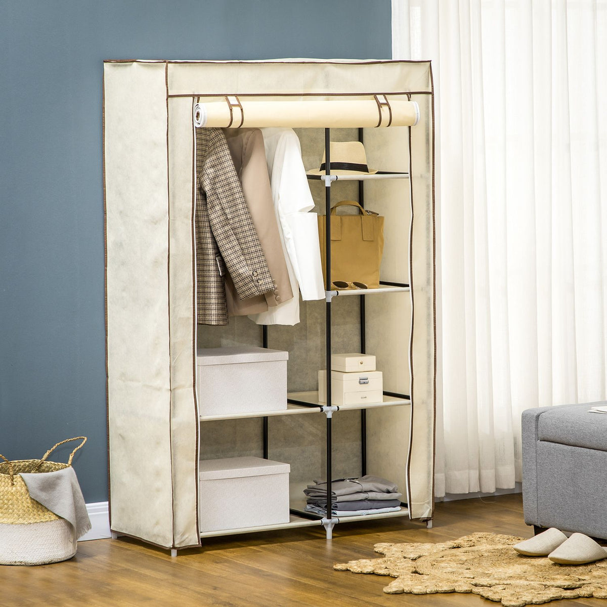 Wardrobe Fabric Cabinet, 2 Clothes Rails, 6 Compartments, Cream, Foldable Wardrobe For Bedroom & Hallway