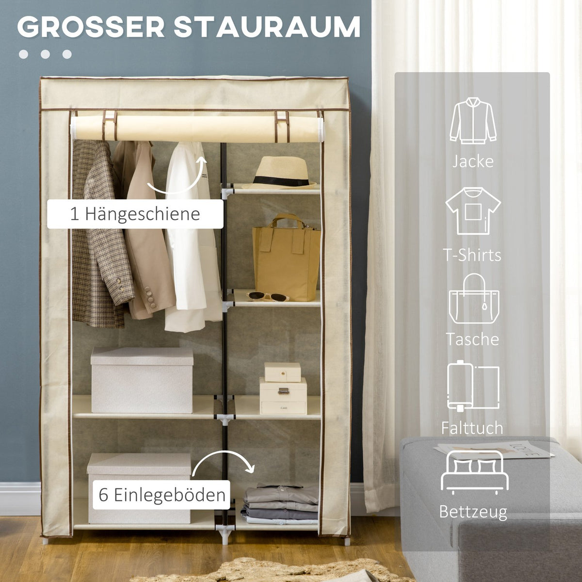 Wardrobe Fabric Cabinet, 2 Clothes Rails, 6 Compartments, Cream, Foldable Wardrobe For Bedroom & Hallway