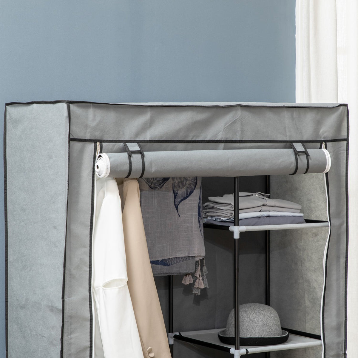 Wardrobe Fabric Cabinet, 6 Compartments, Gray, 103X43X162.5Cm, Foldable Wardrobe In Fleece Look