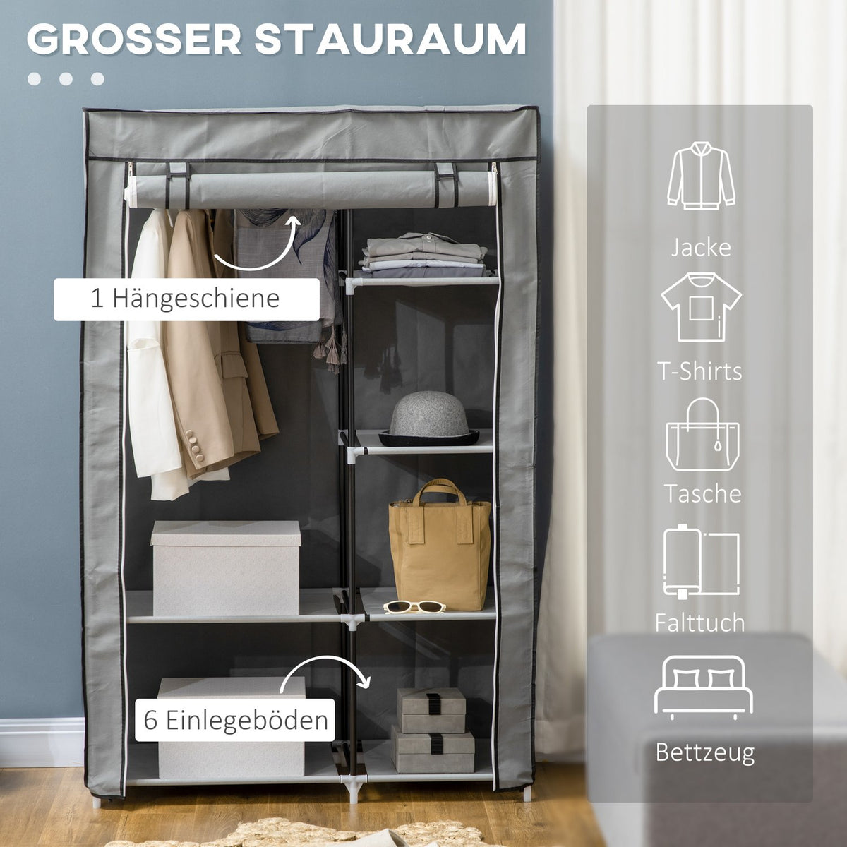 Wardrobe Fabric Cabinet, 6 Compartments, Gray, 103X43X162.5Cm, Foldable Wardrobe In Fleece Look