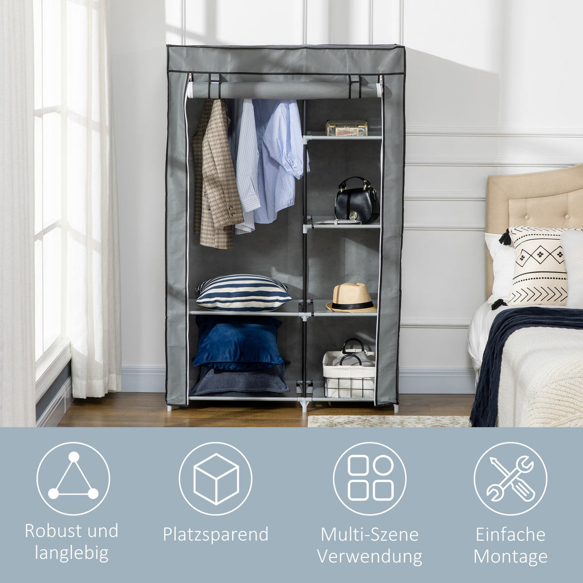 Wardrobe Fabric Cabinet, 6 Compartments, Gray, 103X43X162.5Cm, Foldable Wardrobe In Fleece Look