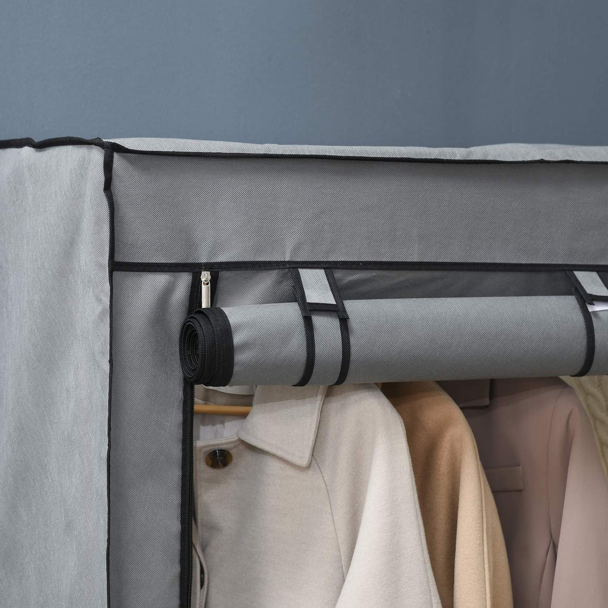 Wardrobe Fabric Wardrobe With Clothes Rails And 4 Compartments, Folding Wardrobe, Zip, Non-Woven Fabric, Light Grey