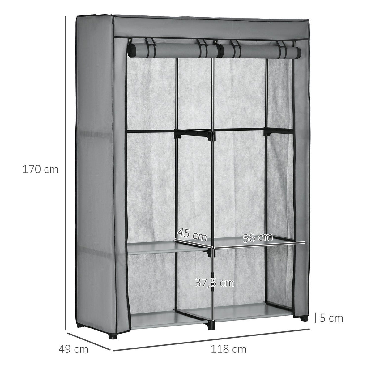 Wardrobe Fabric Wardrobe With Clothes Rails And 4 Compartments, Folding Wardrobe, Zip, Non-Woven Fabric, Light Grey