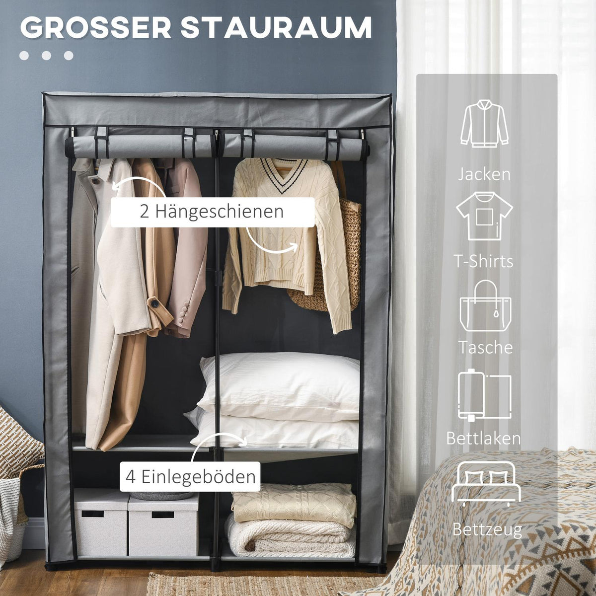 Wardrobe Fabric Wardrobe With Clothes Rails And 4 Compartments, Folding Wardrobe, Zip, Non-Woven Fabric, Light Grey