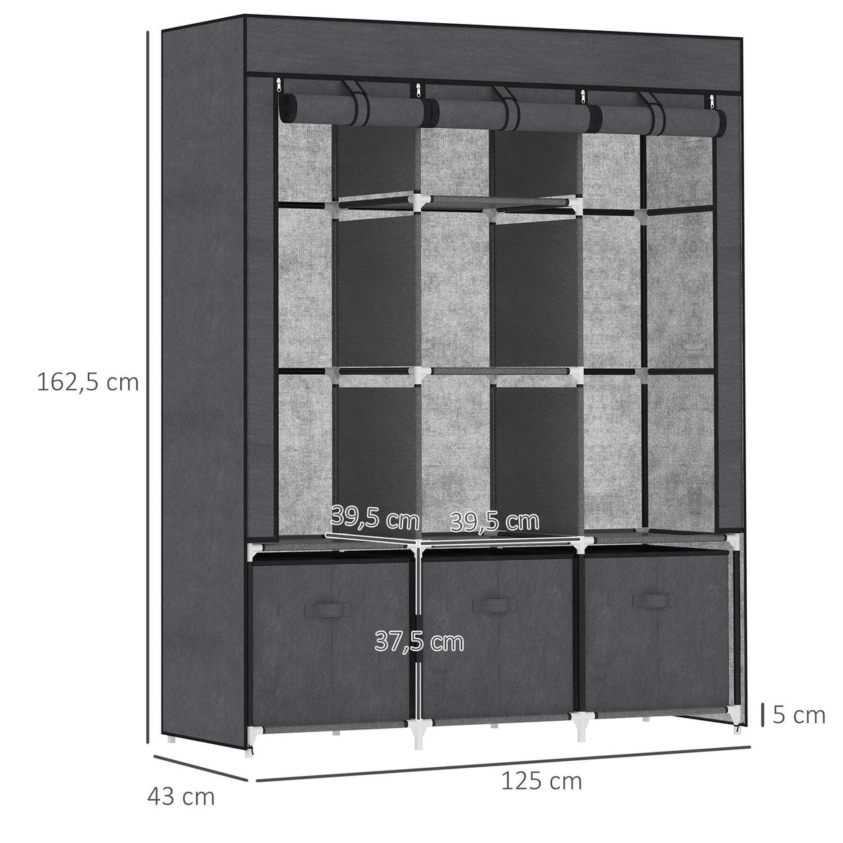 Wardrobe Foldable Fabric Cabinet, Folding Cabinet With Zipper, Non-Woven Fabric, Dark Gray, 125X43X162.5Cm