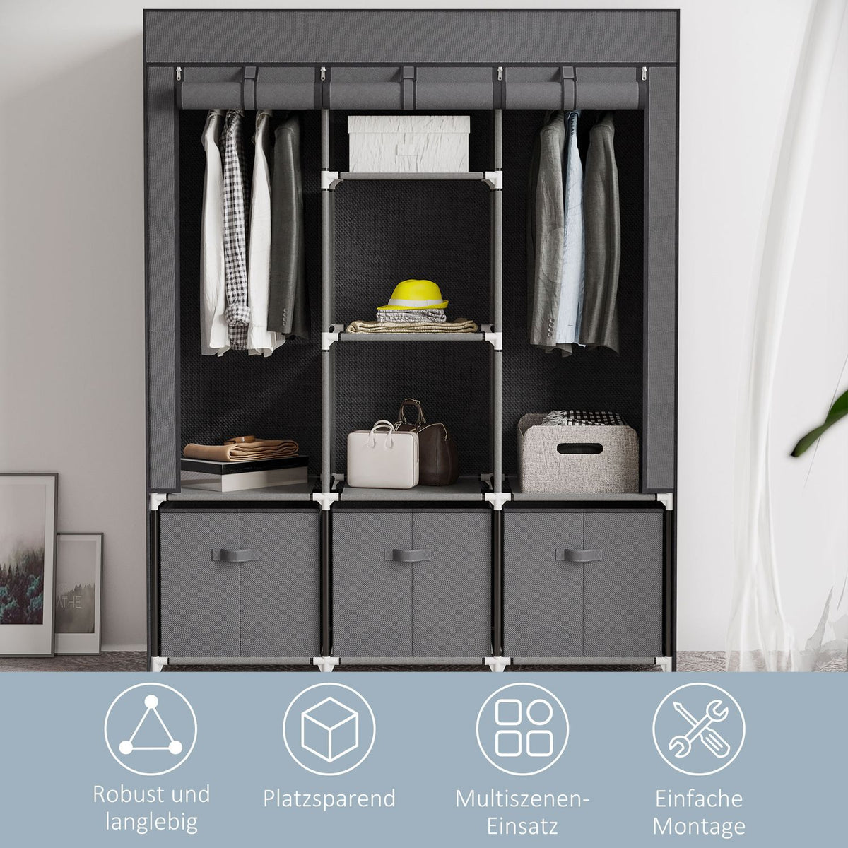 Wardrobe Foldable Fabric Cabinet, Folding Cabinet With Zipper, Non-Woven Fabric, Dark Gray, 125X43X162.5Cm