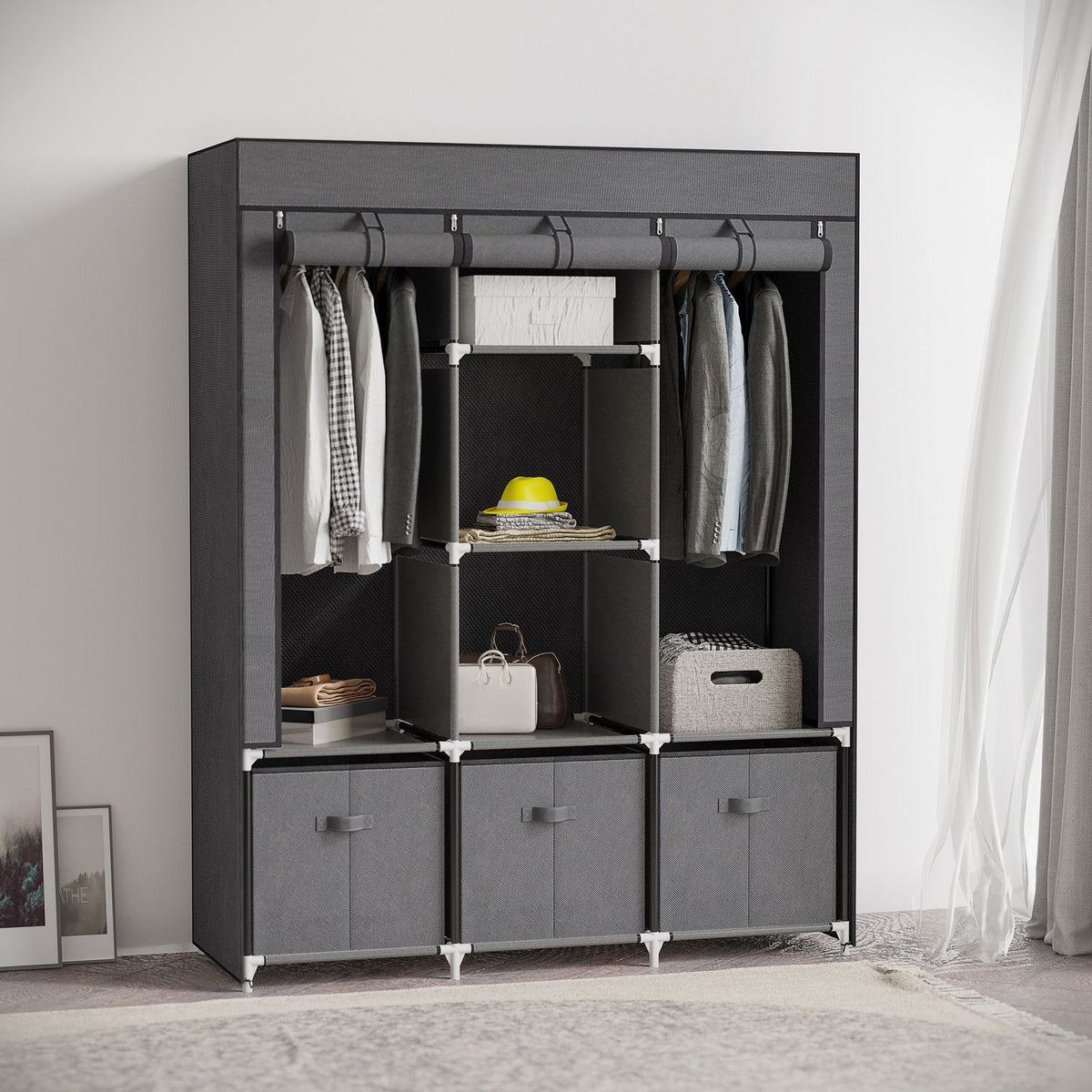 Wardrobe Foldable Fabric Cabinet, Folding Cabinet With Zipper, Non-Woven Fabric, Dark Gray, 125X43X162.5Cm