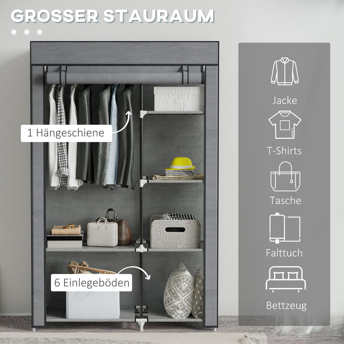 Wardrobe fabric cupboard with clothes rail, 6 compartments, foldable wardrobe in fleece look, folding cupboard for bedroom, hallway, dark grey, 103 x 43 x 162.5 cm