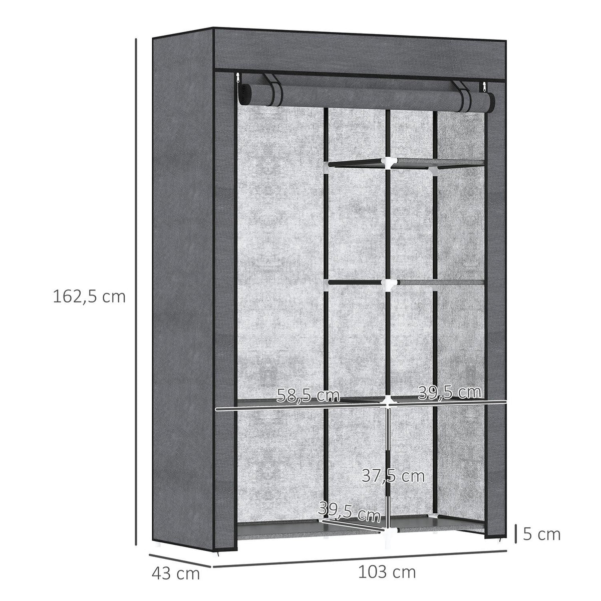 Wardrobe fabric cupboard with clothes rail, 6 compartments, foldable wardrobe in fleece look, folding cupboard for bedroom, hallway, dark grey, 103 x 43 x 162.5 cm