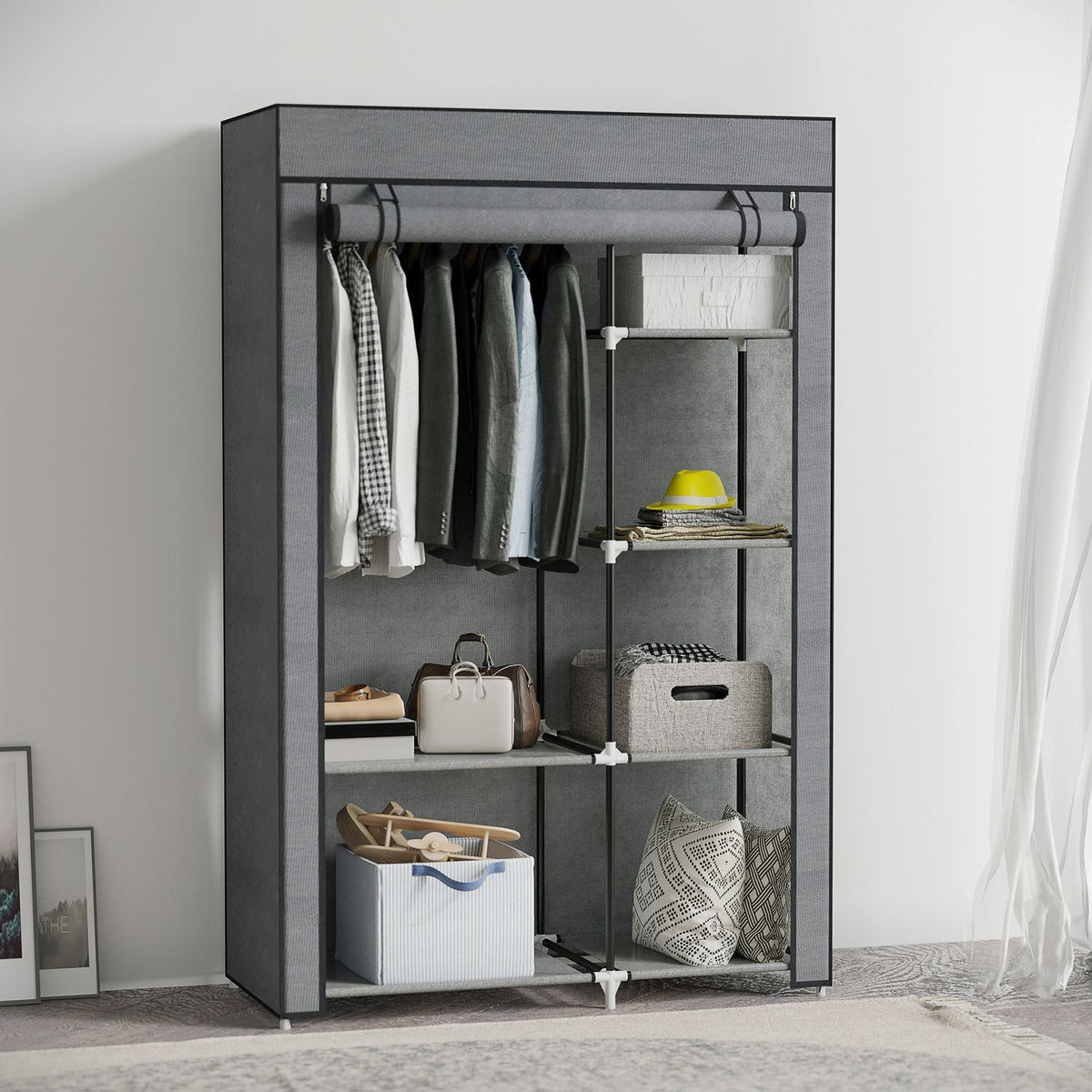 Wardrobe fabric cupboard with clothes rail, 6 compartments, foldable wardrobe in fleece look, folding cupboard for bedroom, hallway, dark grey, 103 x 43 x 162.5 cm