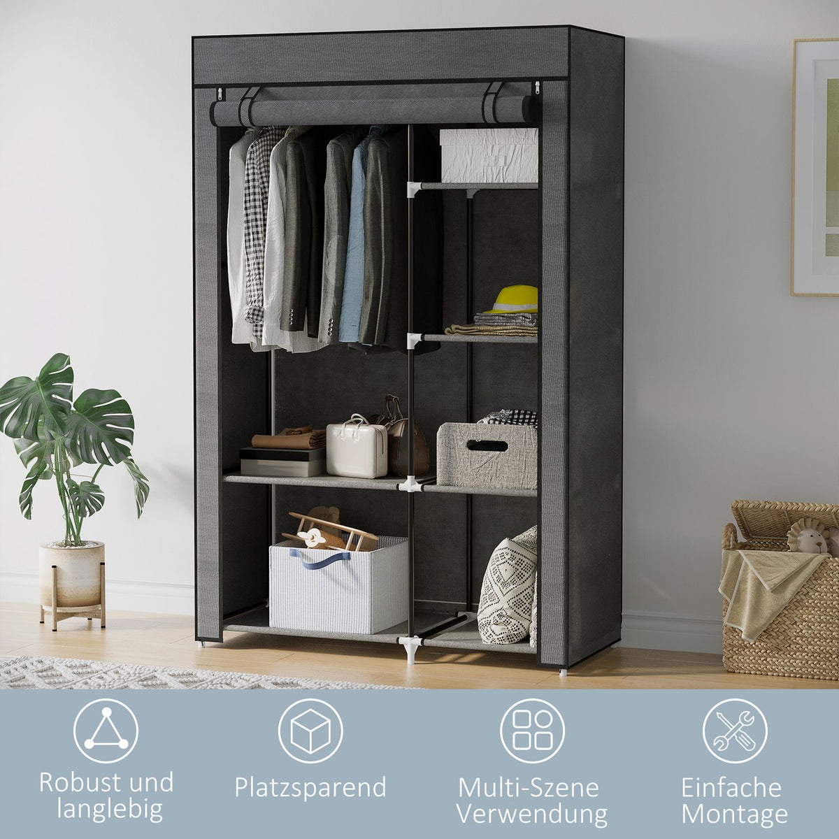 Wardrobe fabric cupboard with clothes rail, 6 compartments, foldable wardrobe in fleece look, folding cupboard for bedroom, hallway, dark grey, 103 x 43 x 162.5 cm