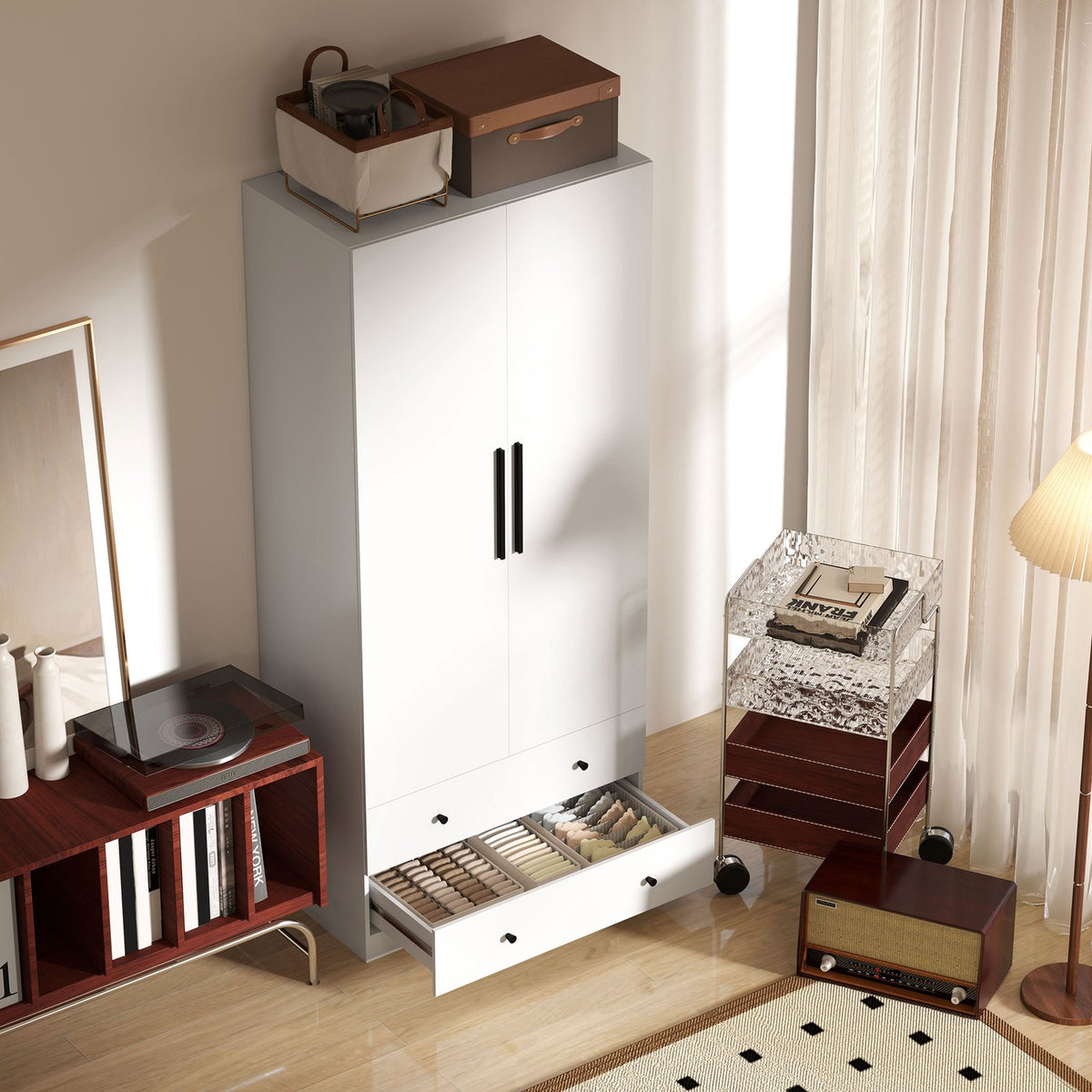 Wardrobe, multi-purpose cupboard, 2 doors with clothes rail and 2 drawers, wardrobe for bedroom, 79 x 43 x 180 cm, white
