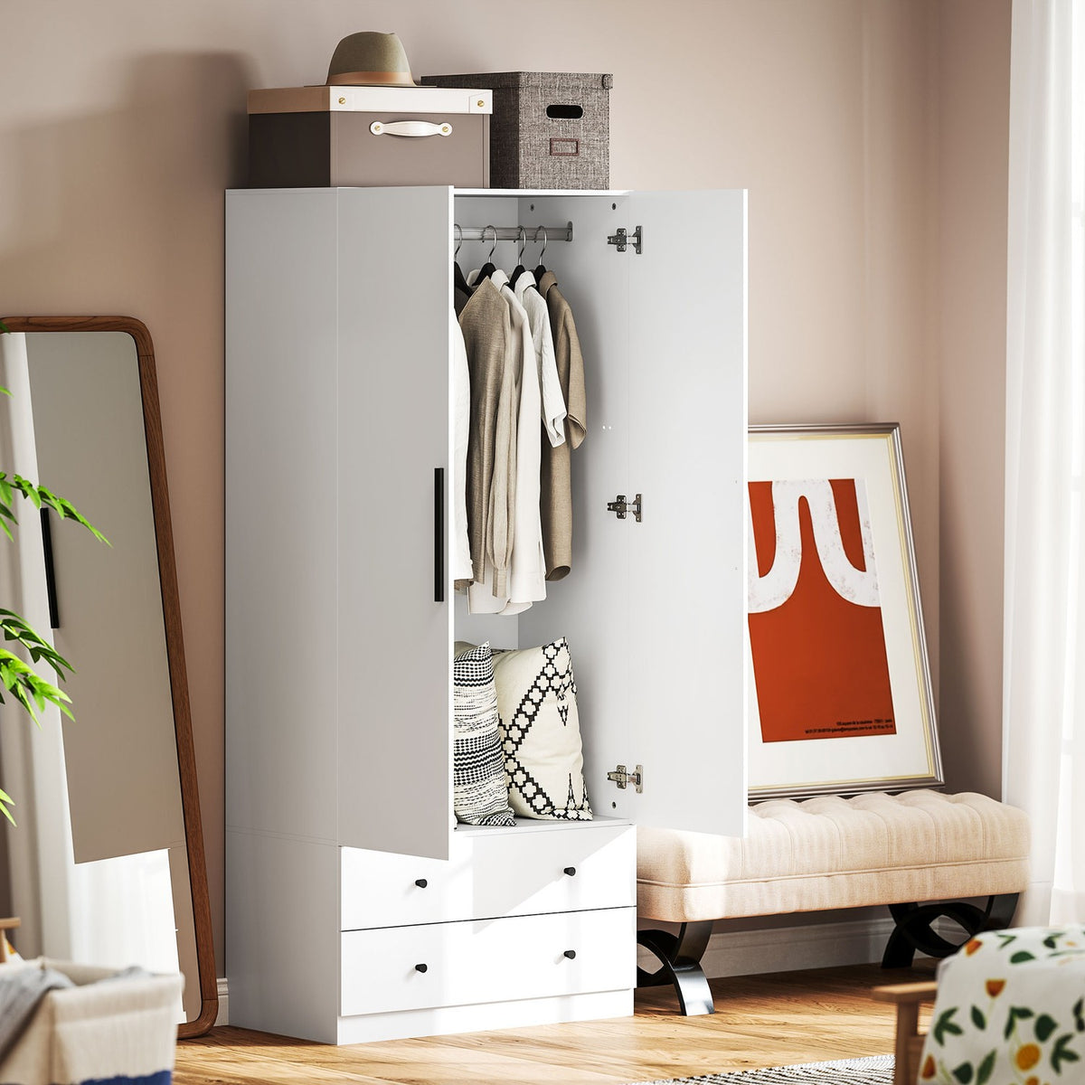 Wardrobe, multi-purpose cupboard, 2 doors with clothes rail and 2 drawers, wardrobe for bedroom, 79 x 43 x 180 cm, white